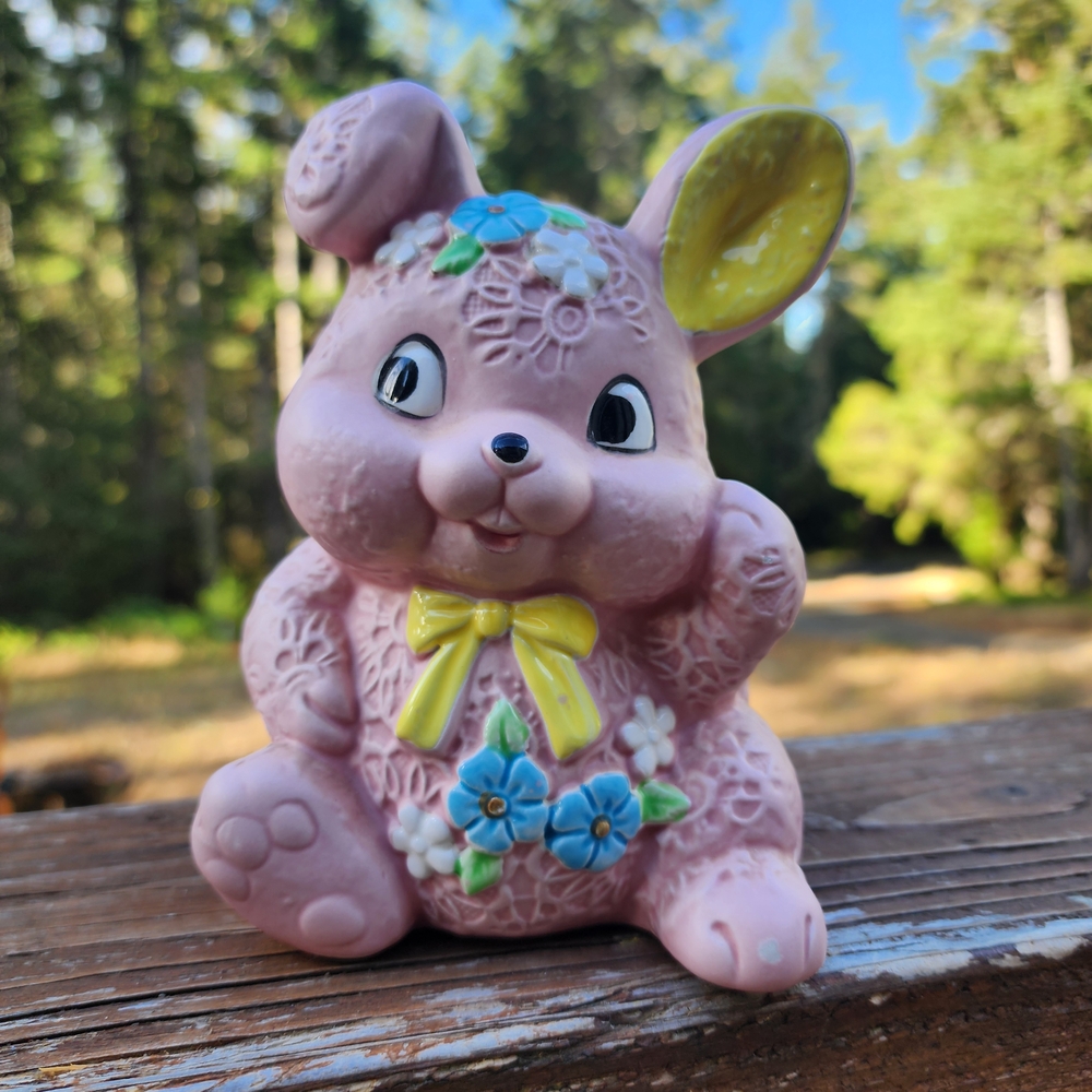 Kitchsy Pink Ceramic Bunny Nursery Planter with Yellow Accents